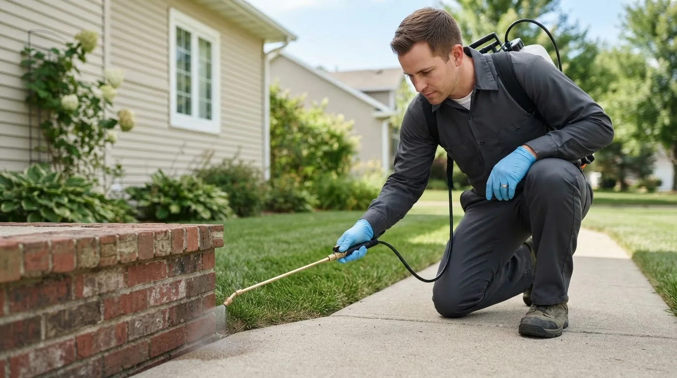Pest control technician treating a home near Mount Sterling, IA