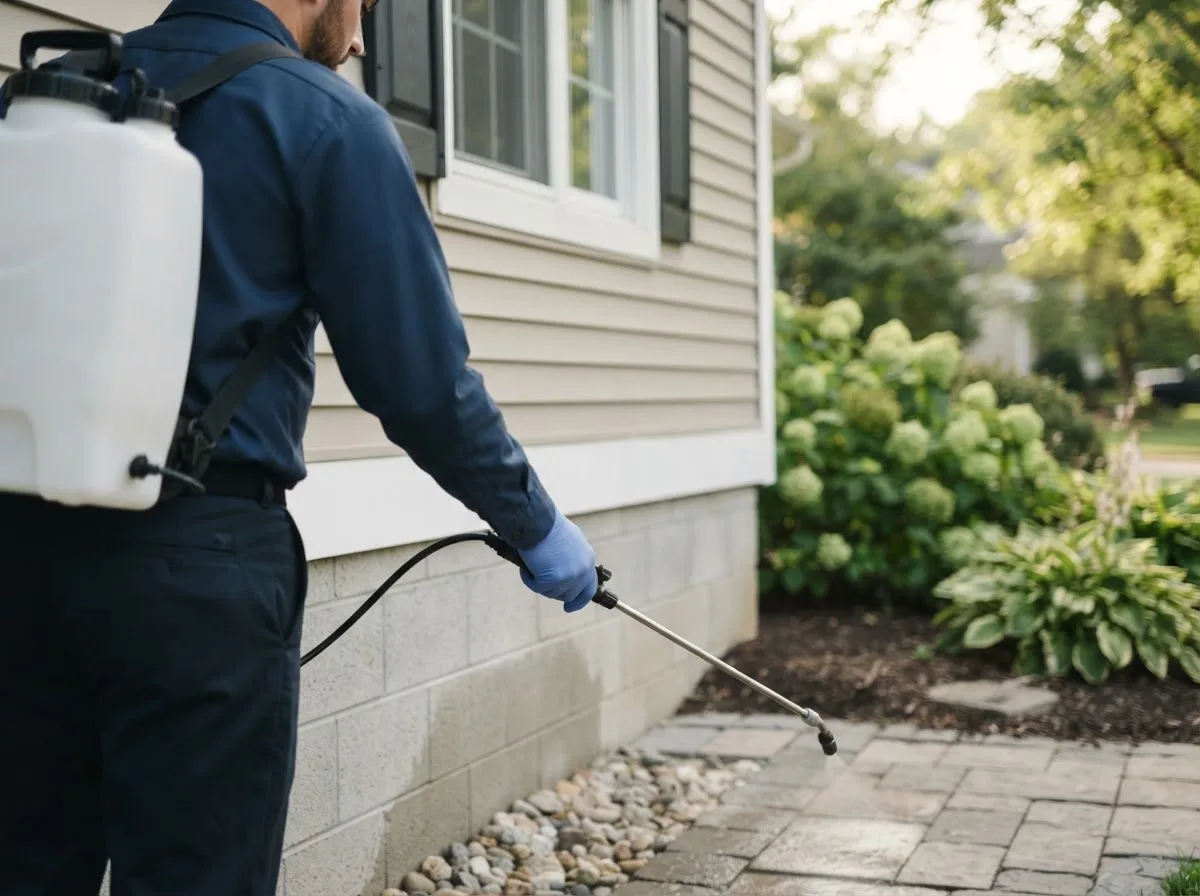 Pest control technician inspecting a home in Mount Sterling, IA